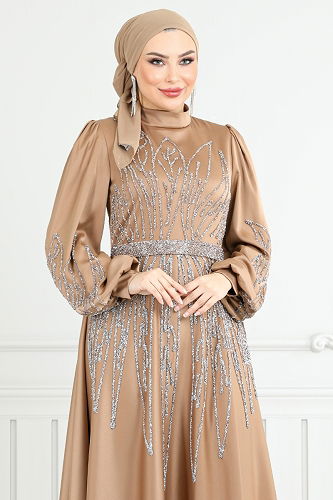 moda selvim فستان سهرة بني فاتح 5675END900-M - Thumbnail