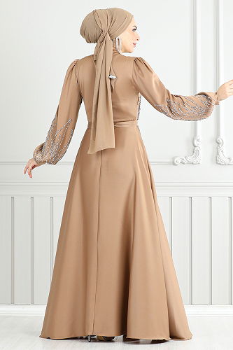 moda selvim فستان سهرة بني فاتح 5675END900-M - Thumbnail