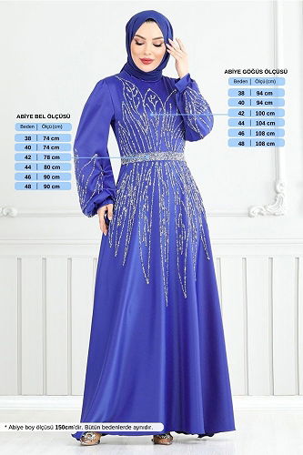 moda selvim فستان سهرة نيلي 5675END900-M - Thumbnail