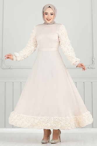 moda selvim Evening Dress 5679EDF311 Stone - Thumbnail