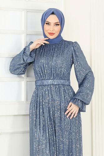 moda selvim Evening Dress 5680EDF311 Blue - Thumbnail