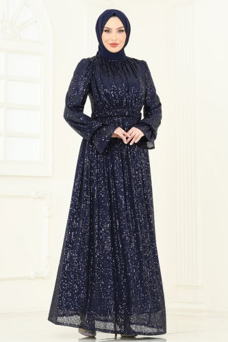 moda selvim Evening Dress 5680EDF311 Navy Blue - Thumbnail