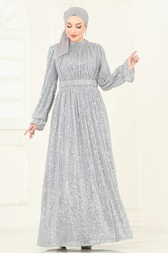 moda selvim Evening Dress 5680EDF311 Silver - Thumbnail