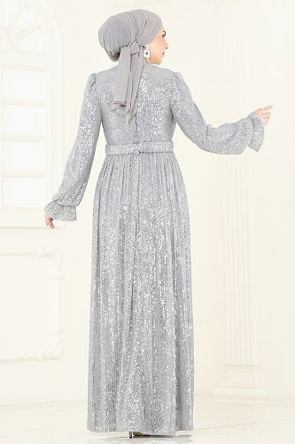 moda selvim Evening Dress 5680EDF311 Silver - Thumbnail