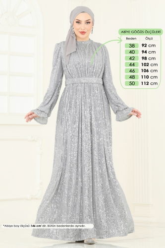 moda selvim Evening Dress 5680EDF311 Silver - Thumbnail