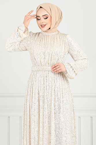 moda selvim Evening Dress 5680END900-M Stone - Thumbnail