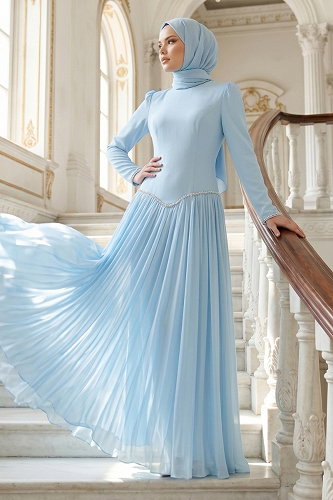 moda selvim Evening Dress 5684DMNK1166 Baby Blue - Thumbnail