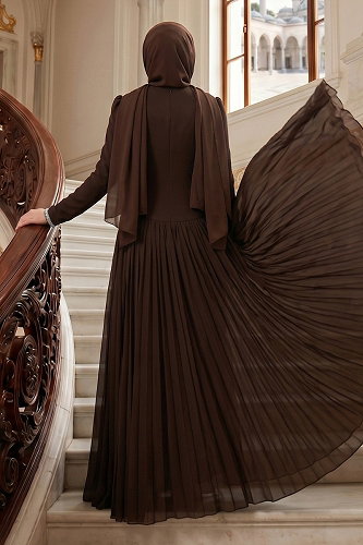 moda selvim Evening Dress 5684DMNK1166 Bitter Brown - Thumbnail