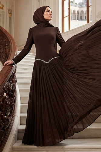 moda selvim فستان سهرة بني غامق 5684DMNK1166 - Thumbnail