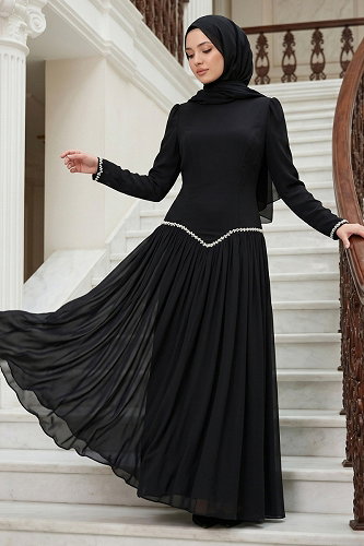 moda selvim فستان سهرة أسود 5684DMNK1166 - Thumbnail