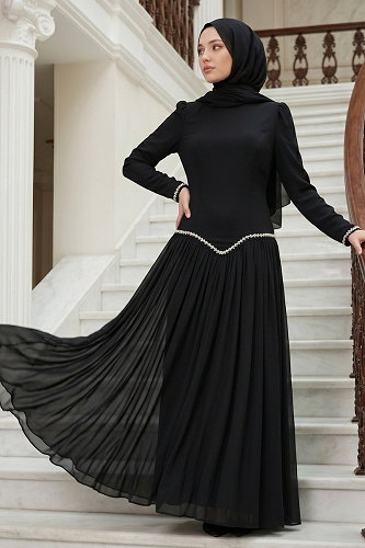 moda selvim فستان سهرة أسود 5684DMNK1166 - Thumbnail