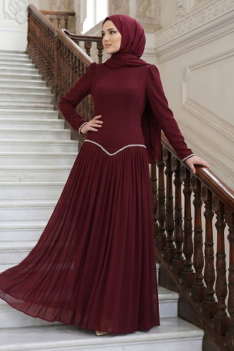 moda selvim Evening Dress 5684DMNK1166 Burgundy - Thumbnail