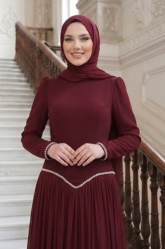moda selvim Evening Dress 5684DMNK1166 Burgundy - Thumbnail