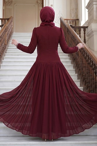 moda selvim فستان سهرة خمري 5684DMNK1166 - Thumbnail