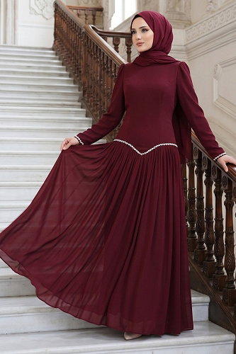 moda selvim فستان سهرة خمري 5684DMNK1166 - Thumbnail