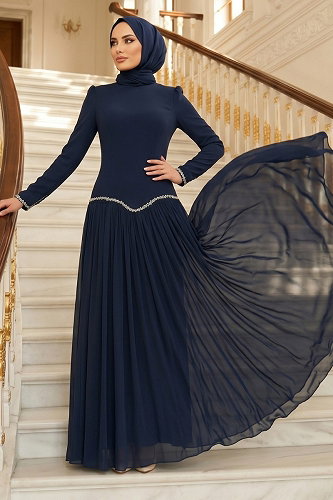 moda selvim فستان سهرة كحلي 5684DMNK1166 - Thumbnail