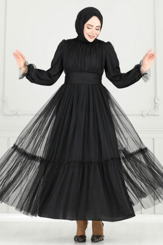 moda selvim Evening Dress 5684EDF311 Black - Thumbnail
