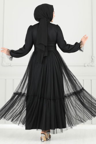 moda selvim Evening Dress 5684EDF311 Black - Thumbnail