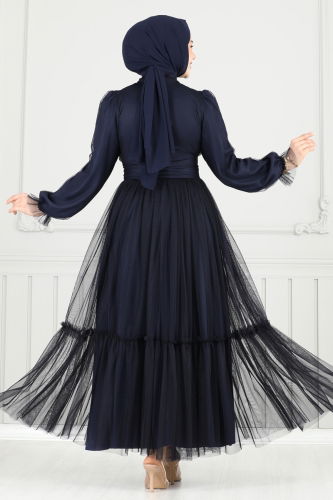 moda selvim Evening Dress 5684EDF311 Navy Blue - Thumbnail