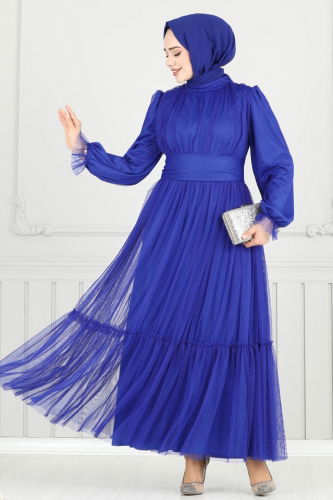 moda selvim Evening Dress 5684EDF311 Saxe - Thumbnail