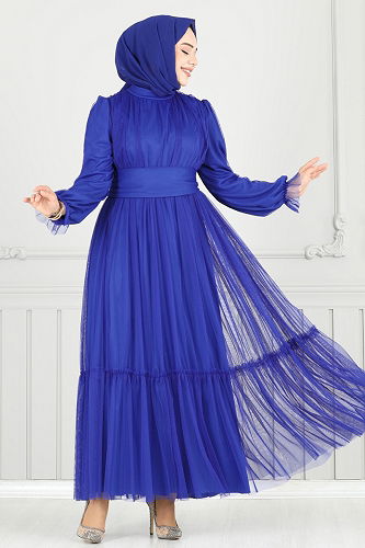 moda selvim Evening Dress 5684EDF311 Saxe - Thumbnail