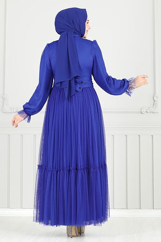 moda selvim Evening Dress 5684EDF311 Saxe - Thumbnail