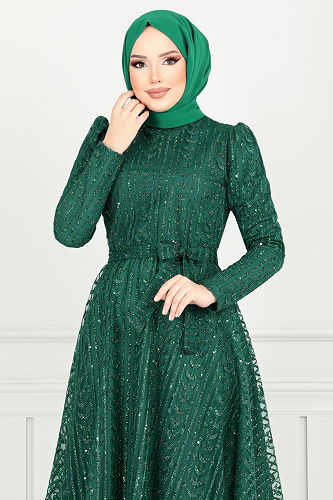 moda selvim فستان سهرة زيتي 5688END900-M - Thumbnail