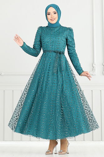 moda selvim Evening Dress 5688END900-M Petroleum - Thumbnail