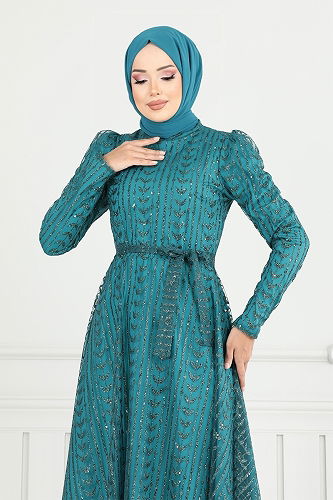 moda selvim Evening Dress 5688END900-M Petroleum - Thumbnail