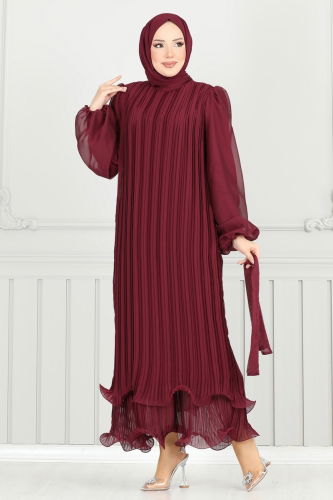 moda selvim Evening Dress 5689EDF311 Burgundy - Thumbnail