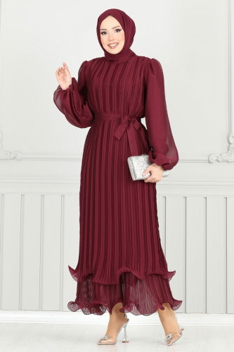 moda selvim Evening Dress 5689EDF311 Burgundy - Thumbnail