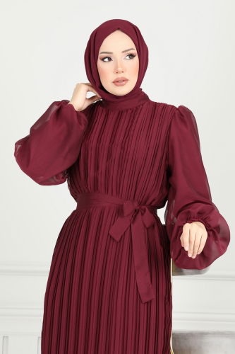 moda selvim Evening Dress 5689EDF311 Burgundy - Thumbnail