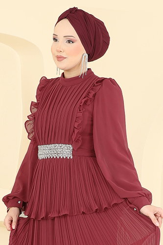 moda selvim Evening Dress 5690DMNK1166 Burgundy - Thumbnail