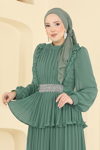 moda selvim فستان سهرة أخضر باهت 5690DMNK1166 - Thumbnail