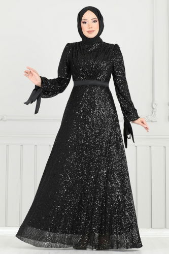 moda selvim Evening Dress 5690EDF311 Black - Thumbnail