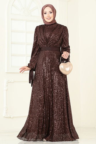 moda selvim Evening Dress 5690EDF311 Brown - Thumbnail