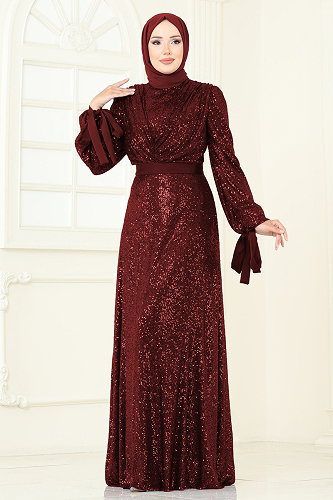 moda selvim Evening Dress 5690EDF311 Burgundy - Thumbnail
