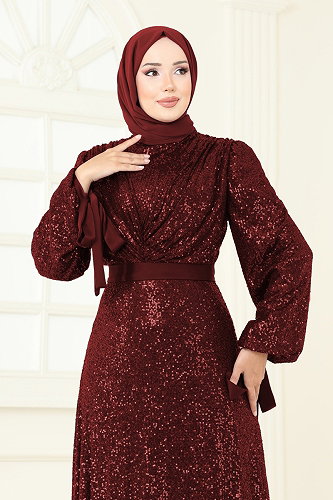 moda selvim Evening Dress 5690EDF311 Burgundy - Thumbnail