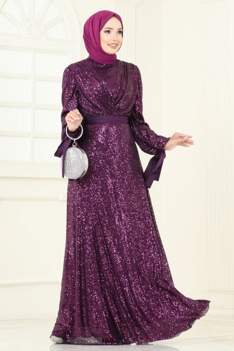 moda selvim Evening Dress 5690EDF311 Damson - Thumbnail