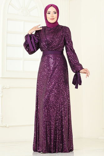 moda selvim Evening Dress 5690EDF311 Damson - Thumbnail