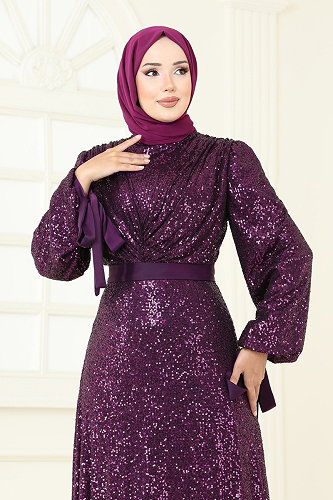 moda selvim Evening Dress 5690EDF311 Damson - Thumbnail