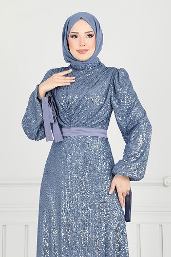 moda selvim Evening Dress 5690EDF311 Indigo - Thumbnail