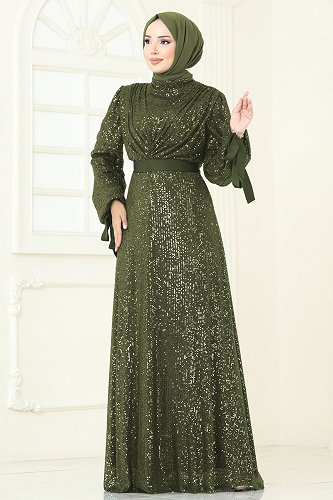 moda selvim Evening Dress 5690EDF311 Khaki - Thumbnail