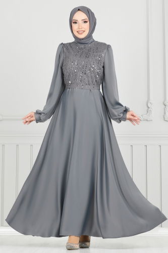 moda selvim Evening Dress 5691EDF311 Gray - Thumbnail