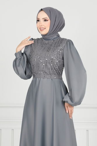 moda selvim Evening Dress 5691EDF311 Gray - Thumbnail