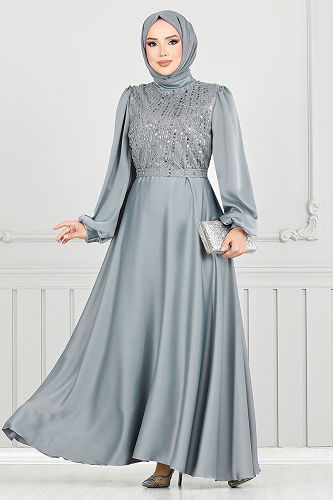 moda selvim Evening Dress 5691END900-M Gray - Thumbnail