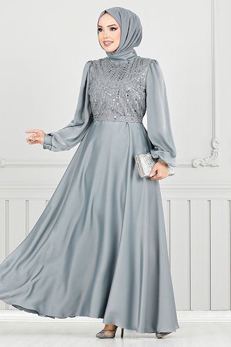 moda selvim Evening Dress 5691END900-M Gray - Thumbnail