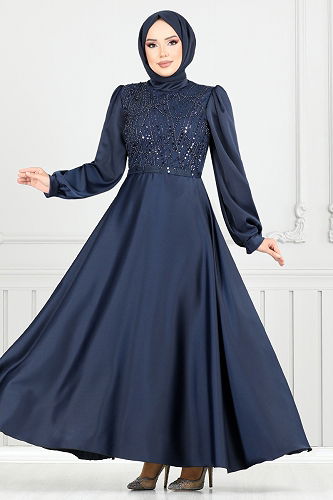 moda selvim Evening Dress 5691END900-M Navy Blue - Thumbnail