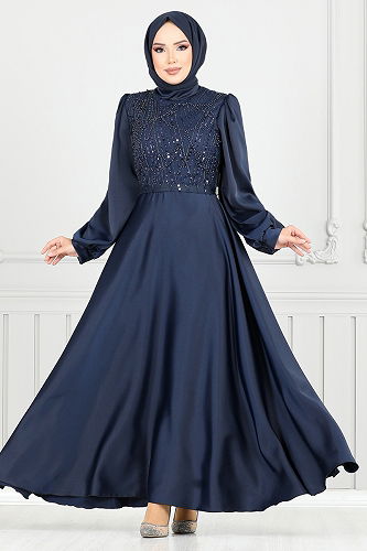 moda selvim Evening Dress 5691END900-M Navy Blue - Thumbnail