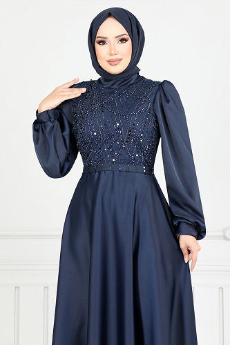 moda selvim Evening Dress 5691END900-M Navy Blue - Thumbnail